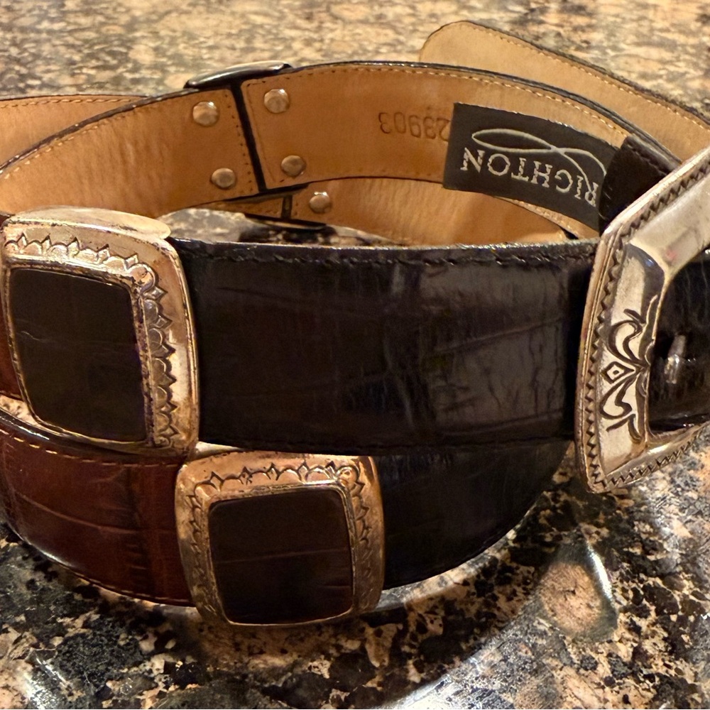 Brighton Two-Tone Black and Brown Leather Western Belt with Silver Accents